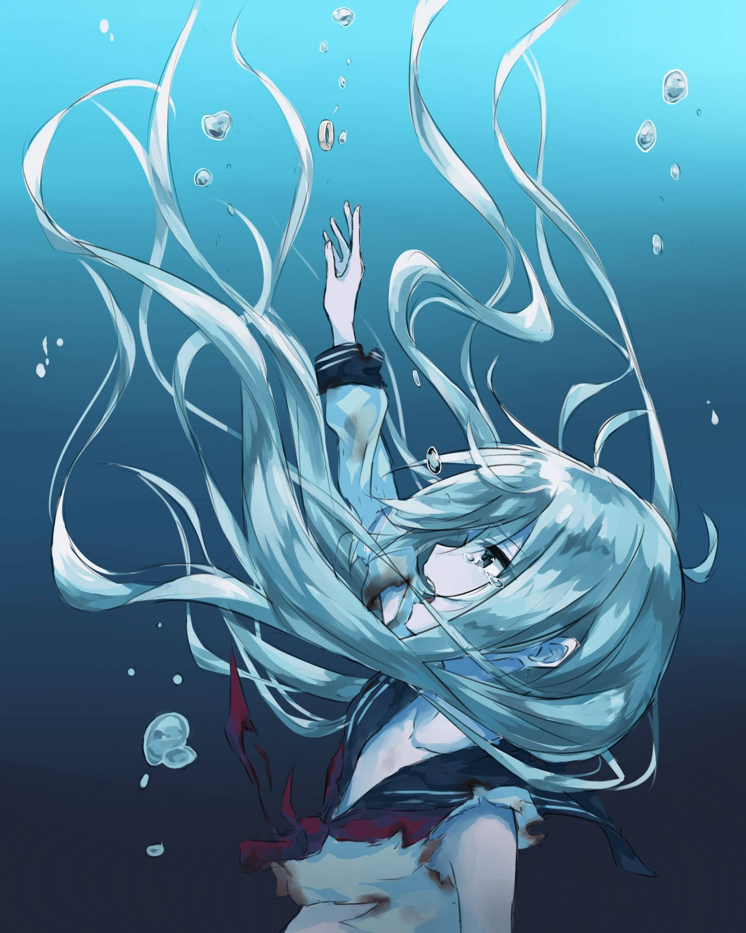長藍髮的動漫女孩在水下漂浮，被氣泡環繞。
