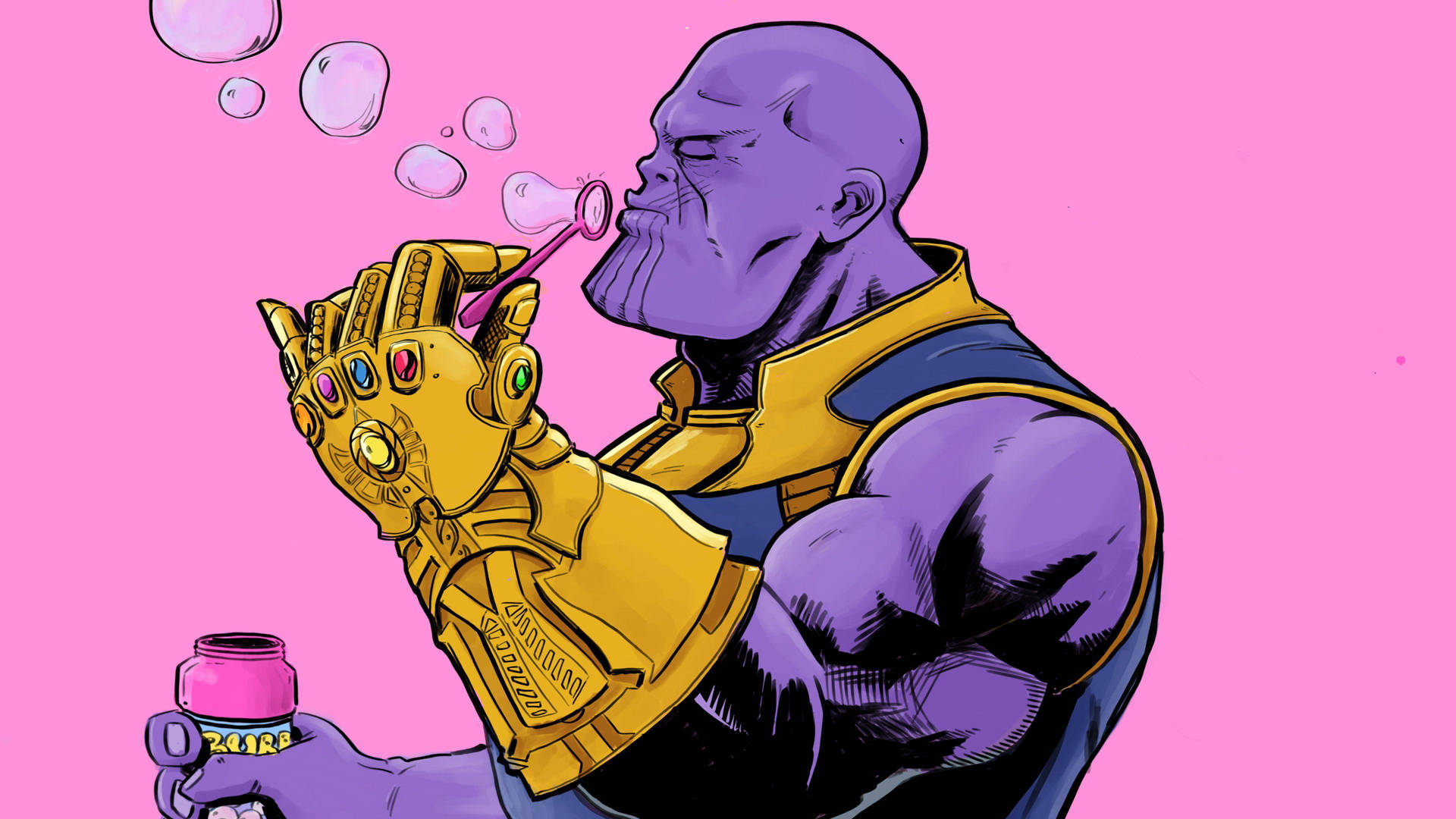 Thanos 戴著他的無限手套吹出粉紅色泡泡。