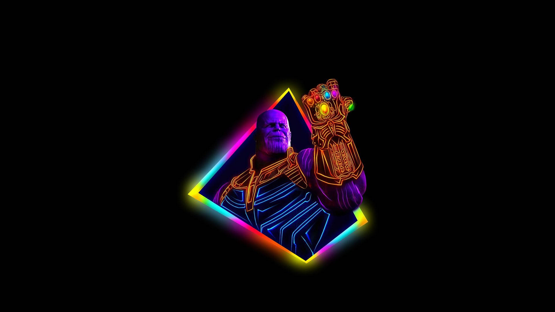 Thanos 在黑色背景上的霓虹鑽石框架中手持無限手套。