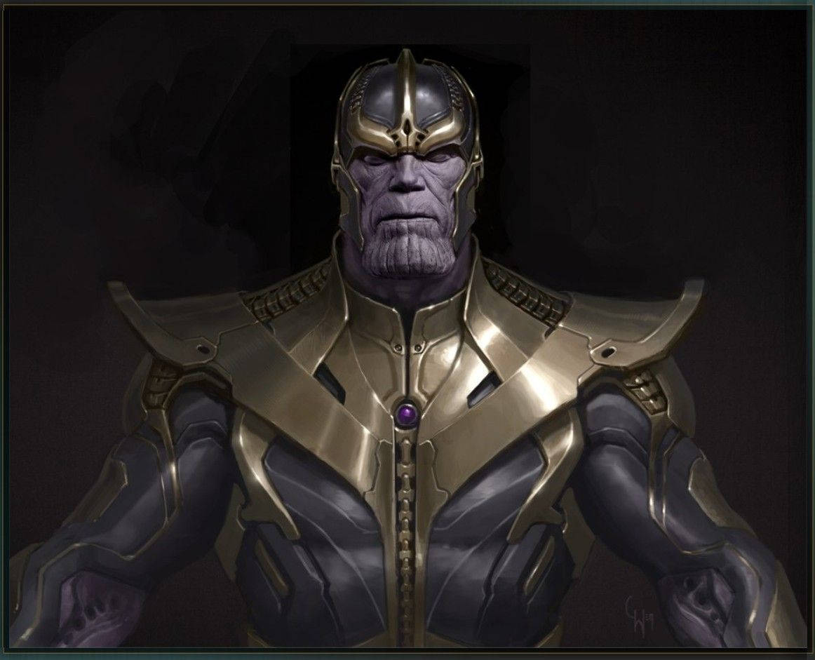 Thanos穿著金色和深色盔甲，表情嚴肅。
