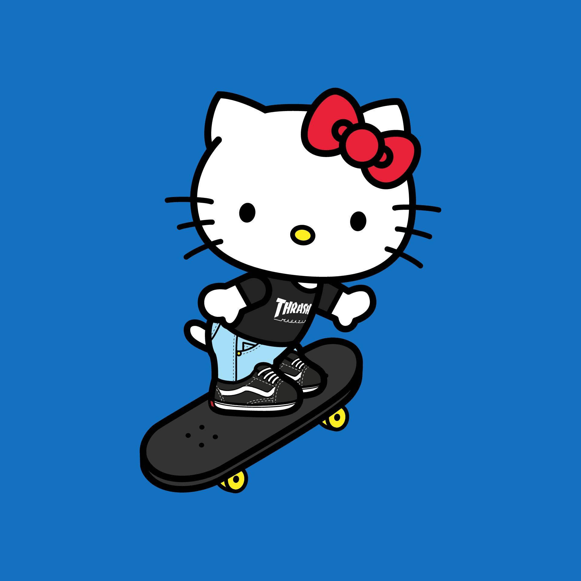滑冰造型Hello Kitty卡通頭像 壁紙 — Hello Kitty 踩滑板，穿著黑色T恤和牛仔褲，背景為純藍色。