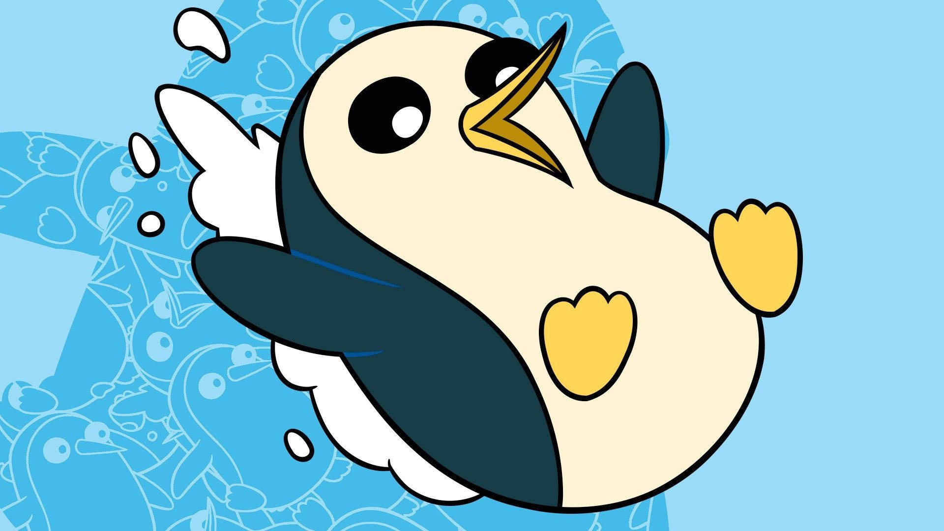滑動 Gunter Adventure Time 壁紙 — 一隻可愛的卡通企鵝，黃色的腳和喙，在藍色水中快樂地游泳，帶有潑濺效果。