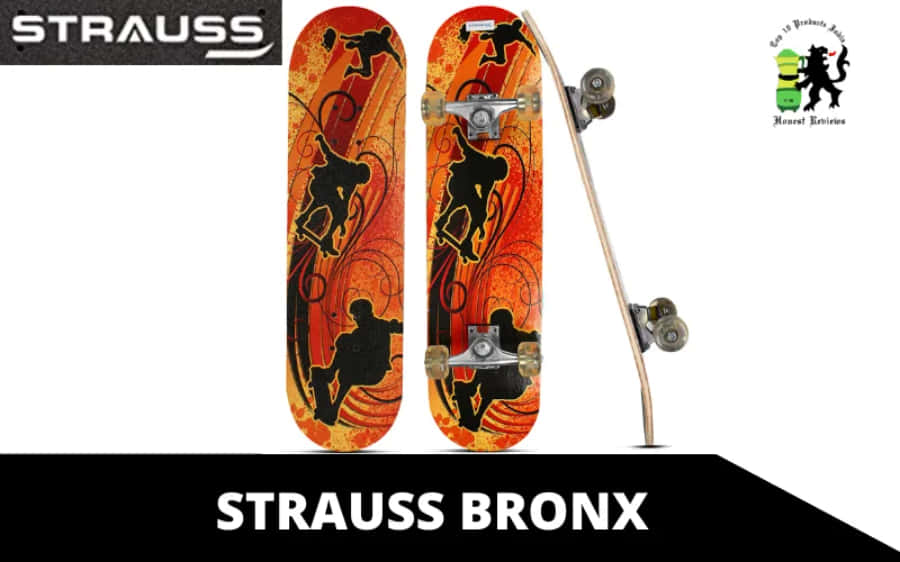 滑板品牌 | 風馳電掣，穿行城市盡顯時尚 壁紙 — 兩個Strauss Bronx滑板，正面和側面展示，帶有橙色火焰設計和黑色滑板者剪影。