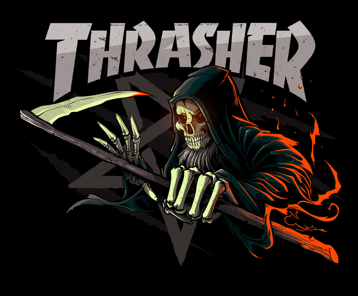 手持燃燒鐮刀和THRASHER標誌的死神