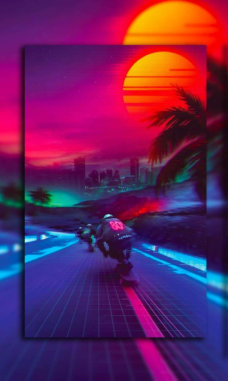 90's Vintage Retro Aesthetic 桌布 壁紙 — 滑板手在巨大的日落之下，於發光的網格上滑行，背景是充滿霓虹的復古未來主義城市景觀。