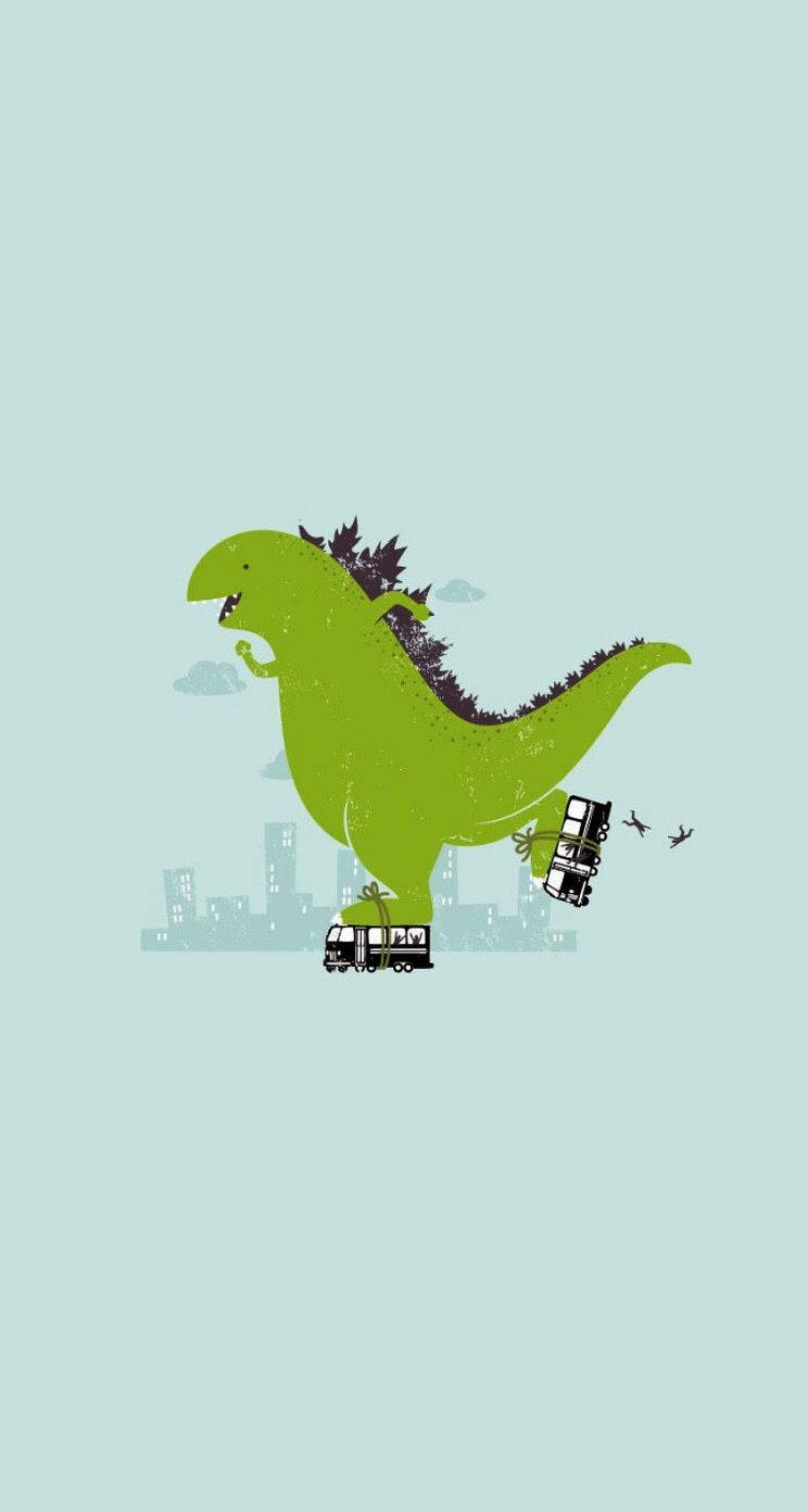 滑板火車劍龍美學風格 壁紙 — 一隻綠色卡通恐龍在城市景觀中踩踏，壓碎汽車，背景是淺藍色天空。