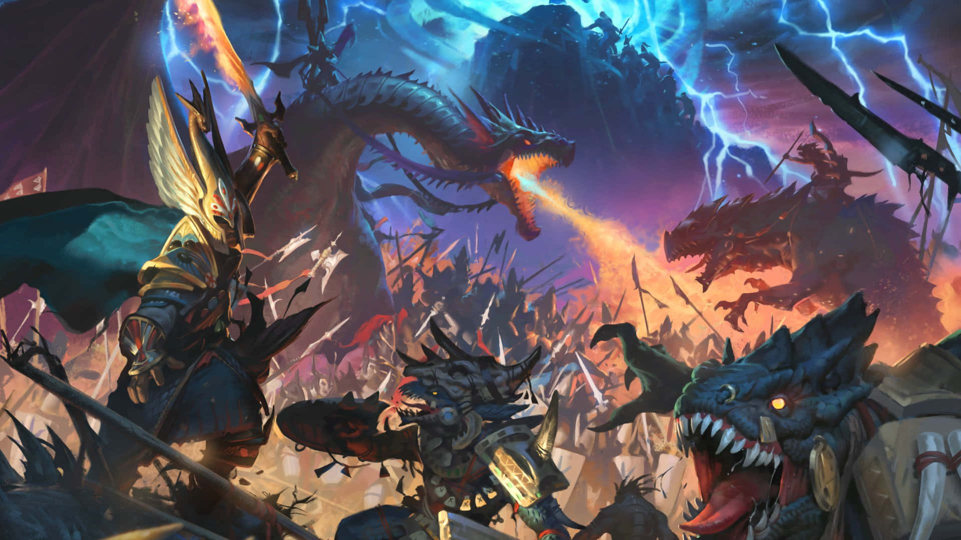 滑溜的斯卡文 1920x1080 Total War Warhammer 背景 壁紙 — 奇幻戰士與巨龍在暴風雨的天空下激烈交戰，閃電照亮了混亂。