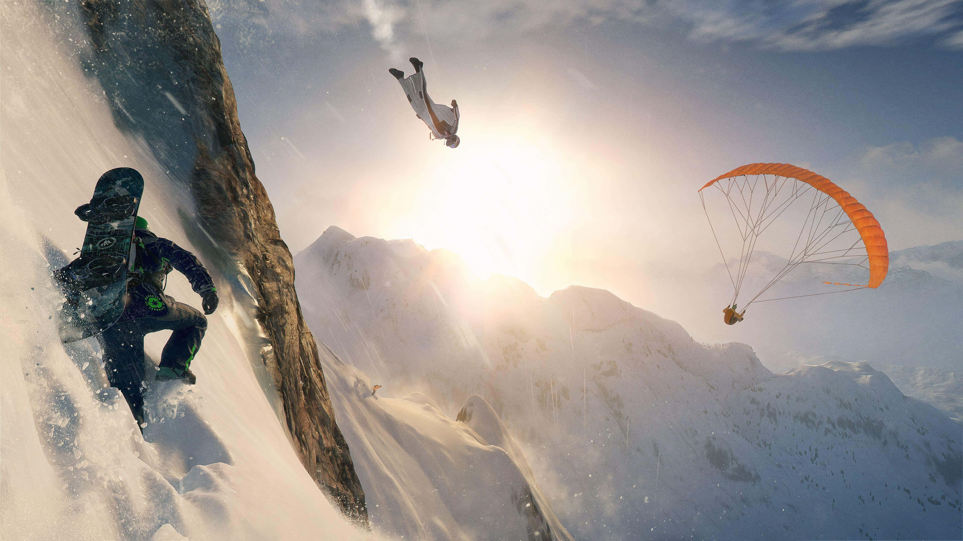 Open-world Game 桌布 壁紙 — 滑雪板運動員從陡峭的雪崖滑下，滑翔傘和空中滑雪者在陽光普照的阿爾卑斯山峰上空翱翔。