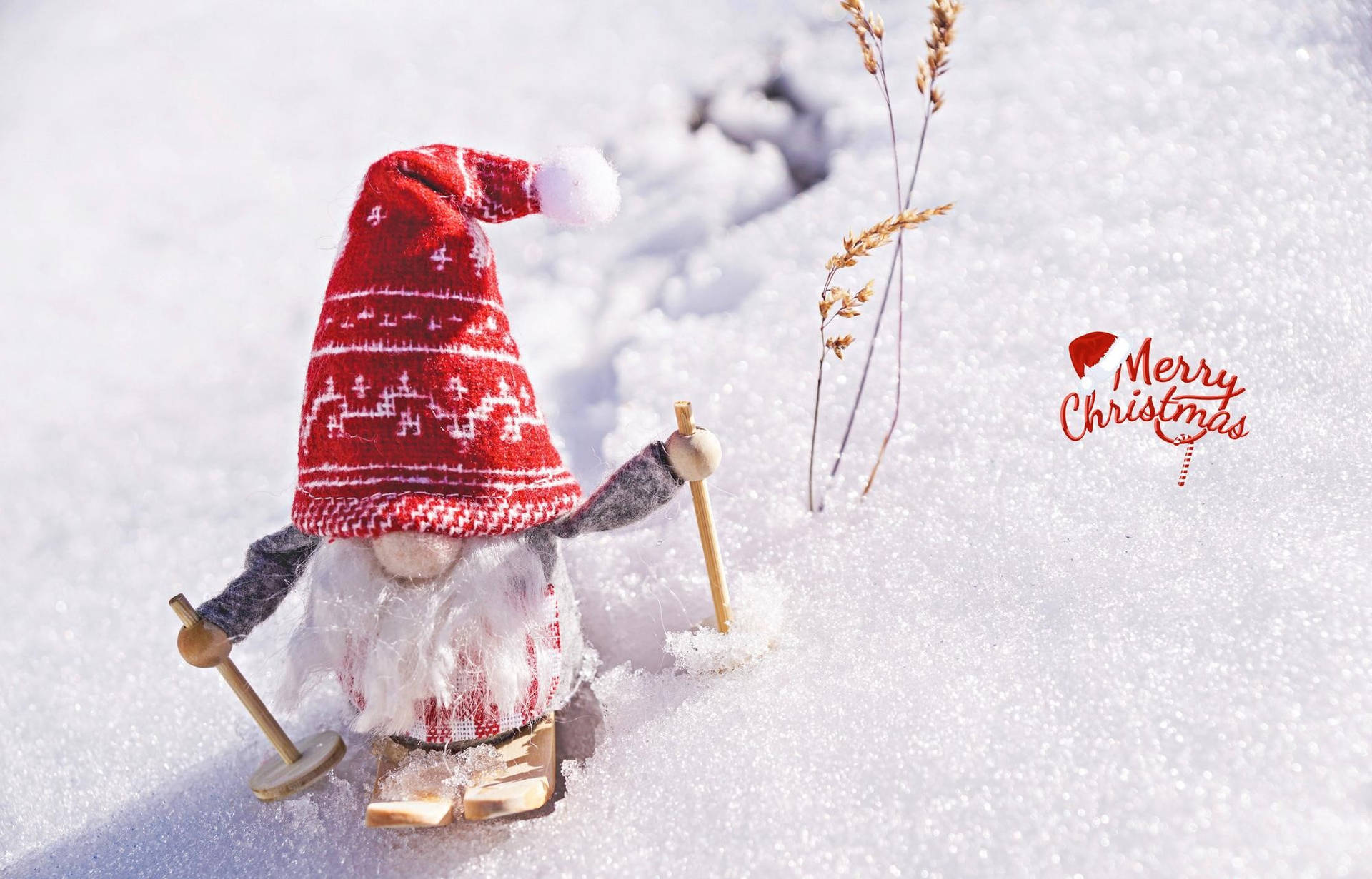 節日聖誕老人在雪地冬季風景中滑雪，附有聖誕祝福。