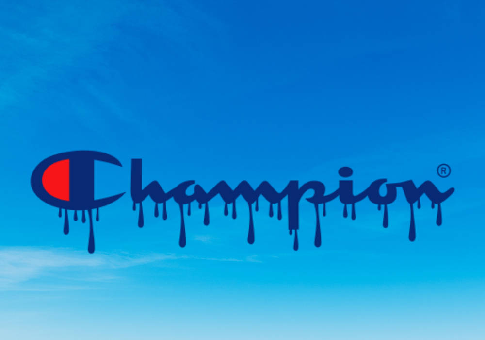 Champion 標誌在天藍色背景上滴落油漆