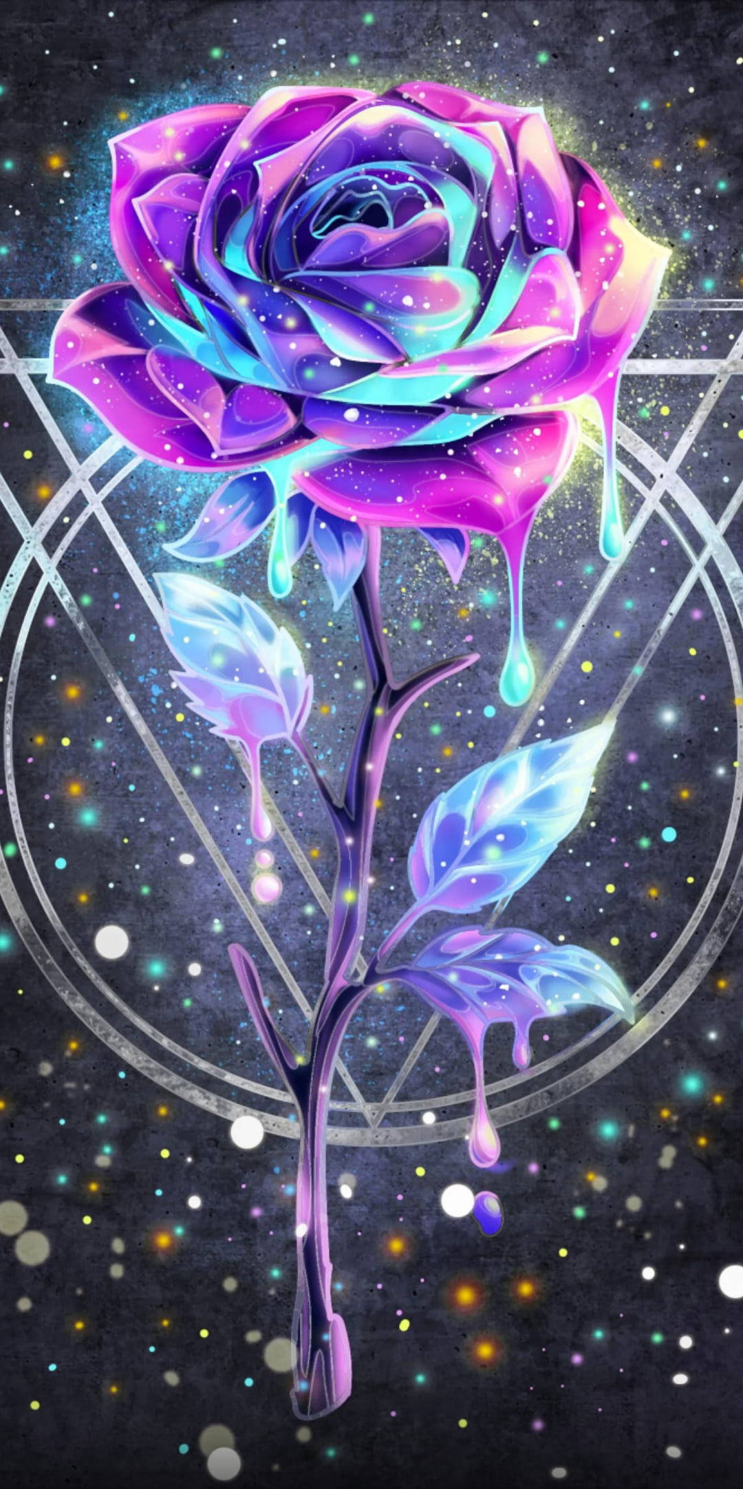 滴落的玫瑰星雲 壁紙 — 一朵發光的宇宙玫瑰，帶有滴落的霓虹花瓣，漂浮在由幾何線條框住的星空夜空前。