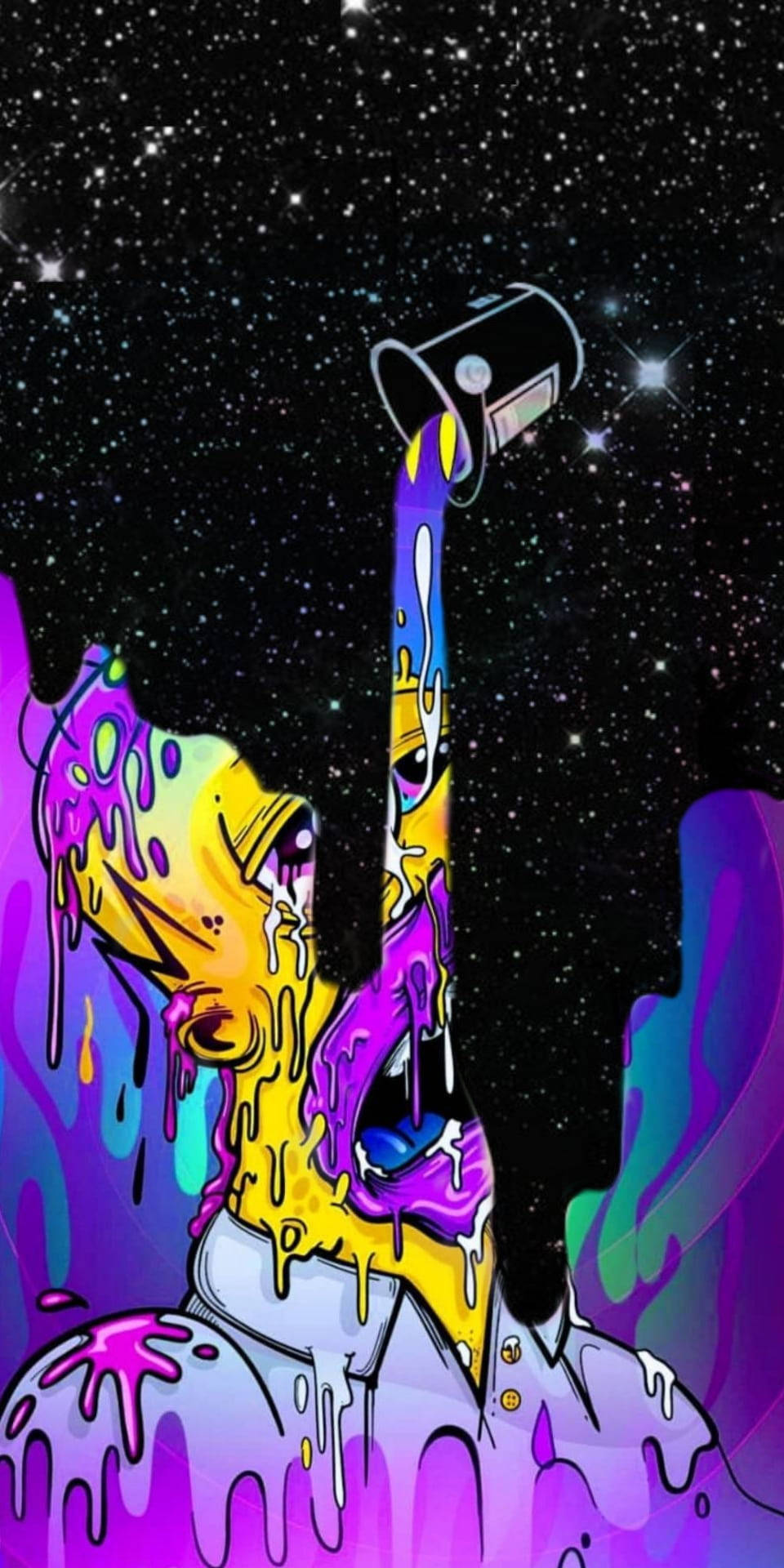 滴落美學辛普森 壁紙 — 一個充滿活力的卡通角色在星空宇宙背景下滴落彩色顏料。