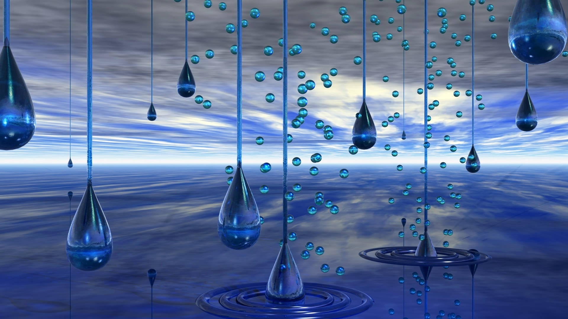 滴落風格懸掛水滴 壁紙 — 閃爍的藍色水滴懸浮在反射的海洋上方，天空多雲。