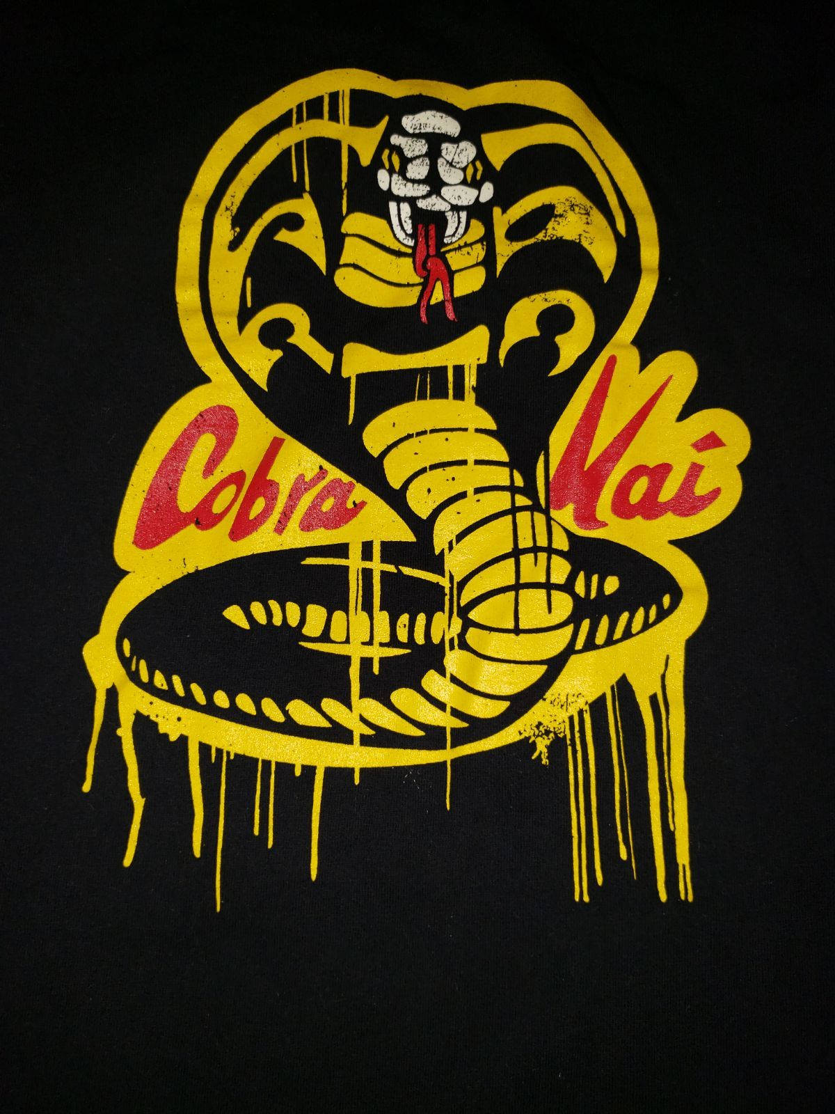 黑色T恤上帶有黃色蛇和紅色文字的Cobra Kai標誌。
