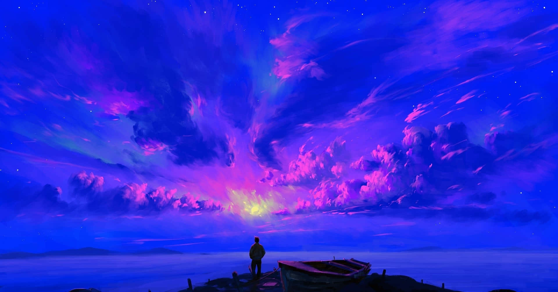 人在碼頭上，船旁，星空紫色暮色天空下
