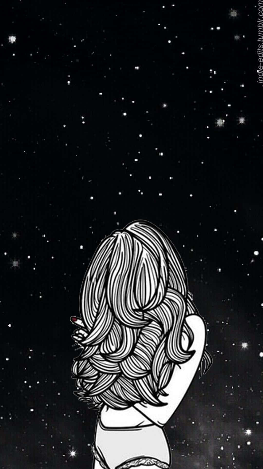 波浪髮型的人以黑白線條藝術風格仰望星星。