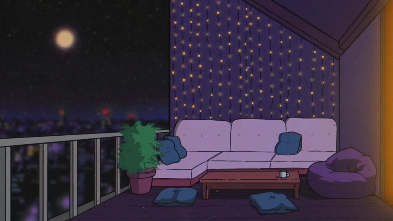 Lofi 桌布 壁紙 — 滿月下，白色梳化及豆袋椅上閃爍著串燈的舒適夜間陽台。