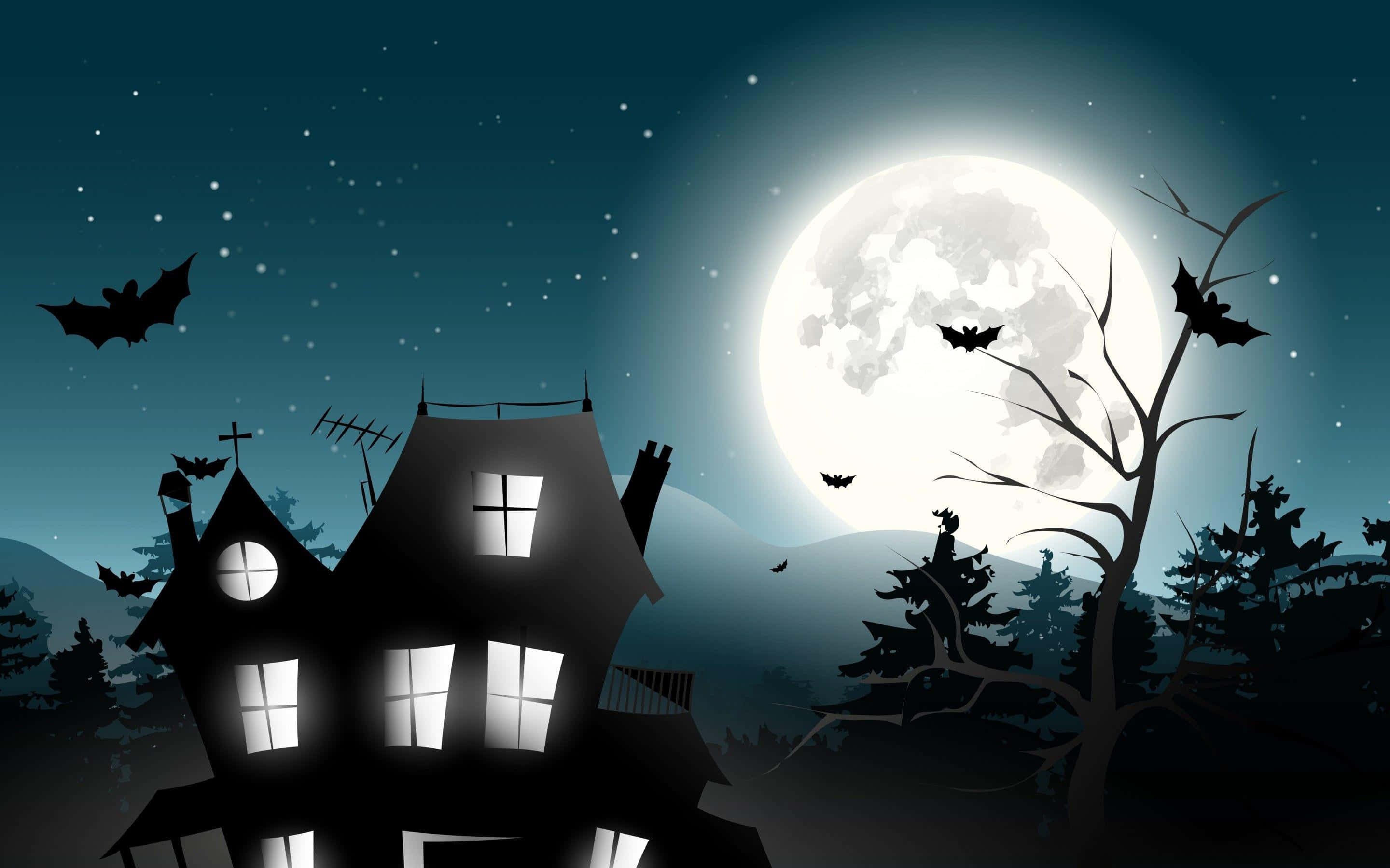 Cartoon Horror 桌布 壁紙 — 滿月下蝙蝠飛舞、枯樹襯托星空夜空的詭異鬼屋剪影。