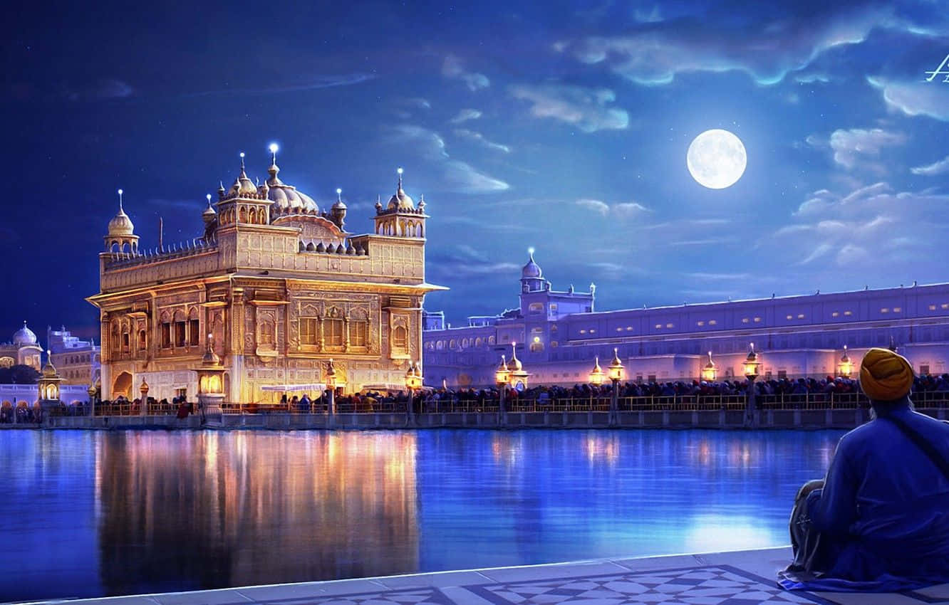 Golden Temple 桌布 壁紙 — 滿月下金廟閃耀的寧靜夜景，一名戴頭巾的孤獨身影在倒映池邊冥想。