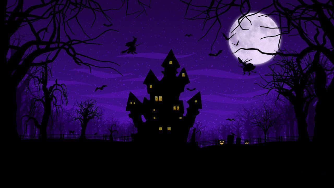 Trick-or-treaters 桌布 壁紙 — 滿月下鬼魅城堡的剪影，蝙蝠飛舞，南瓜燈在前景閃爍。