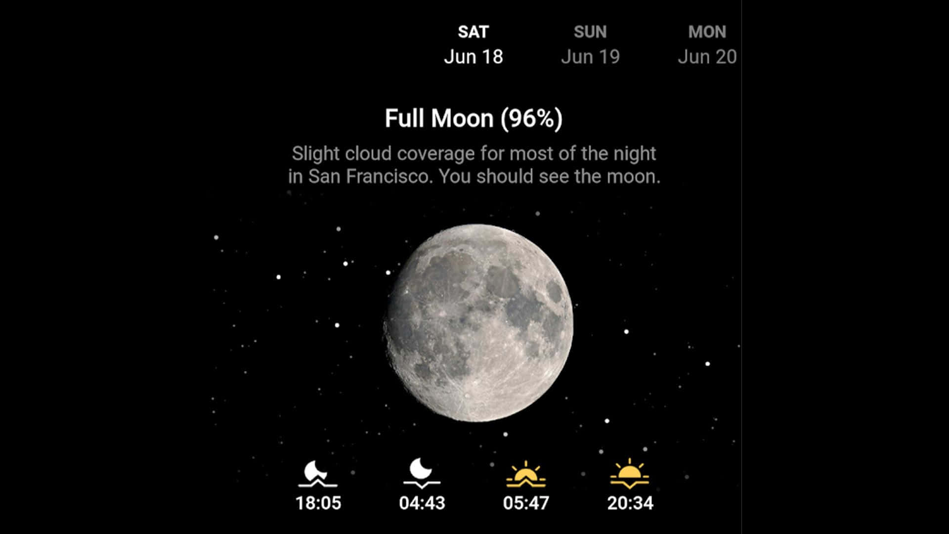 「滿月在夜空中閃耀」 壁紙 — 一輪96%照度的滿月主導了繁星點點的夜空，並疊加了天氣預報文字。