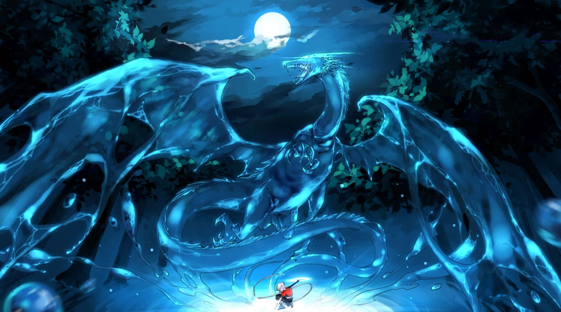 滿月夜水龍動漫 壁紙 — 一條發光的藍色水龍在滿月下翱翔，而一個小戰士站在夜晚的森林下方。