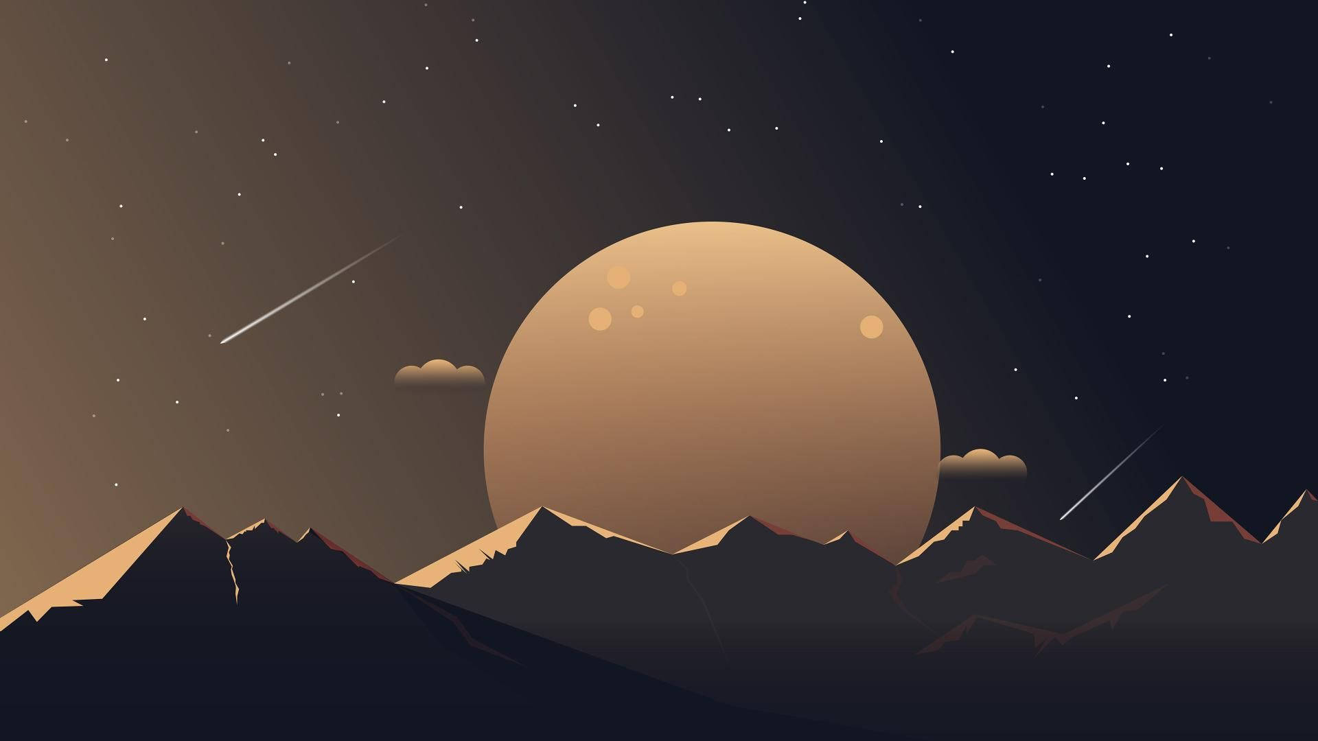 夜晚，山頂在發光的月亮和流星下。