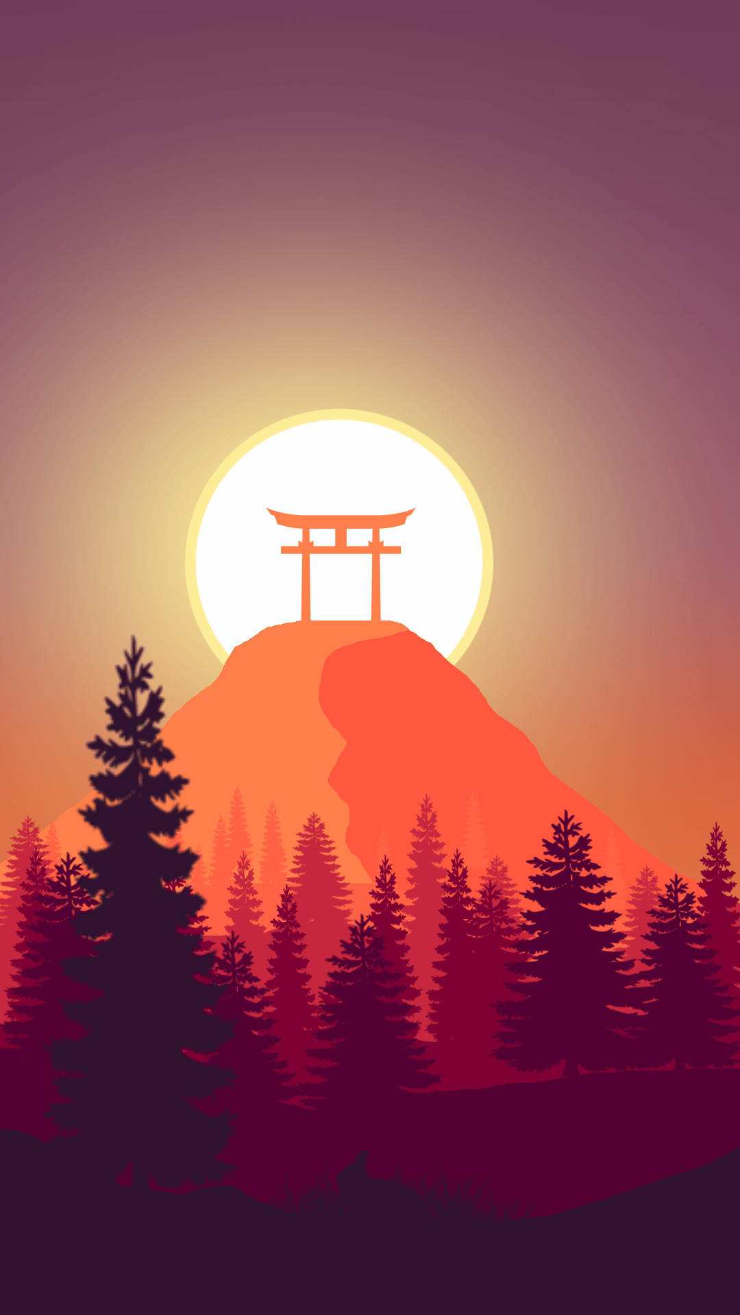 日落時山頂上的鳥居與松樹