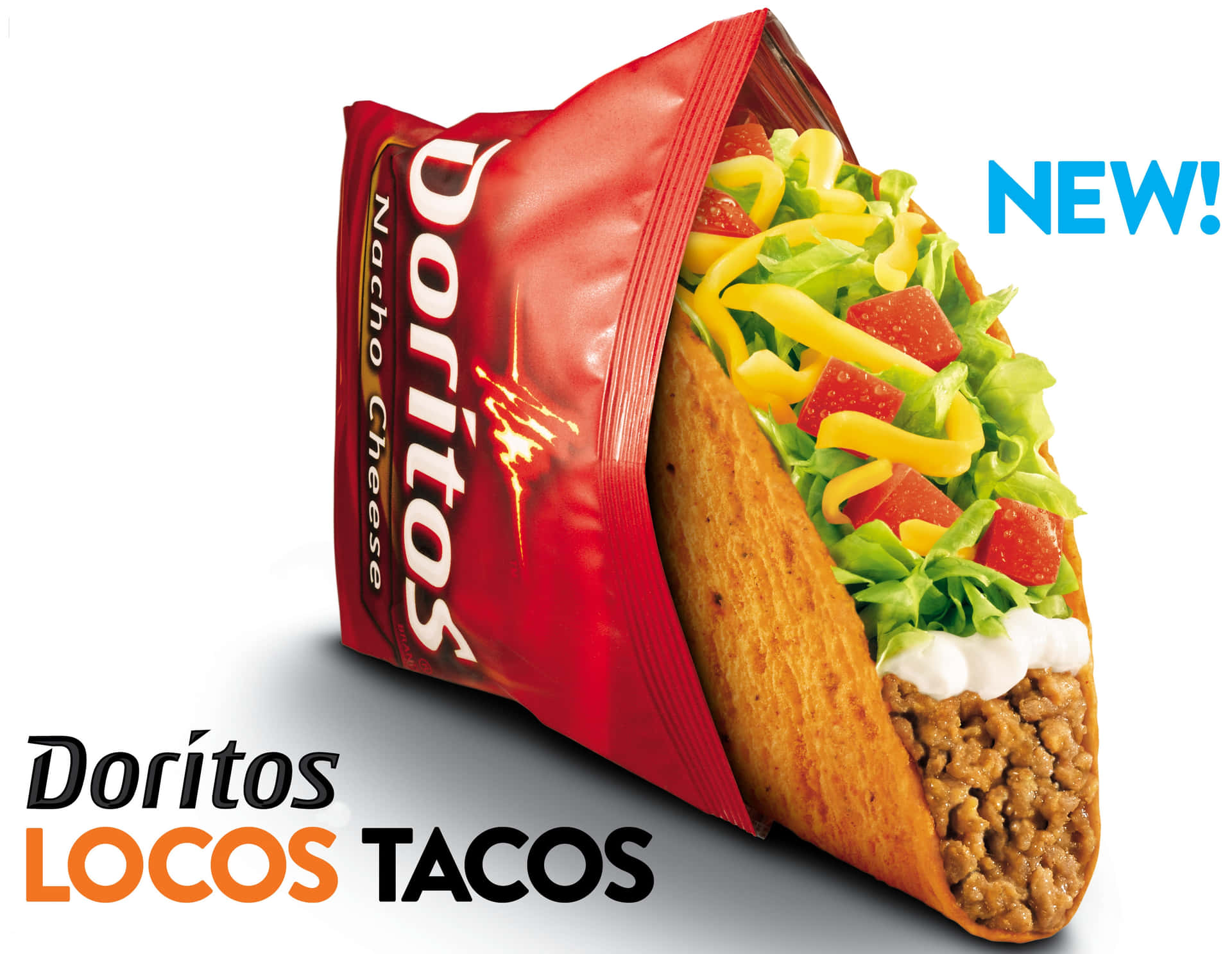 Doritos Locos Tacos產品照片，紅色袋中的配料灑出。
