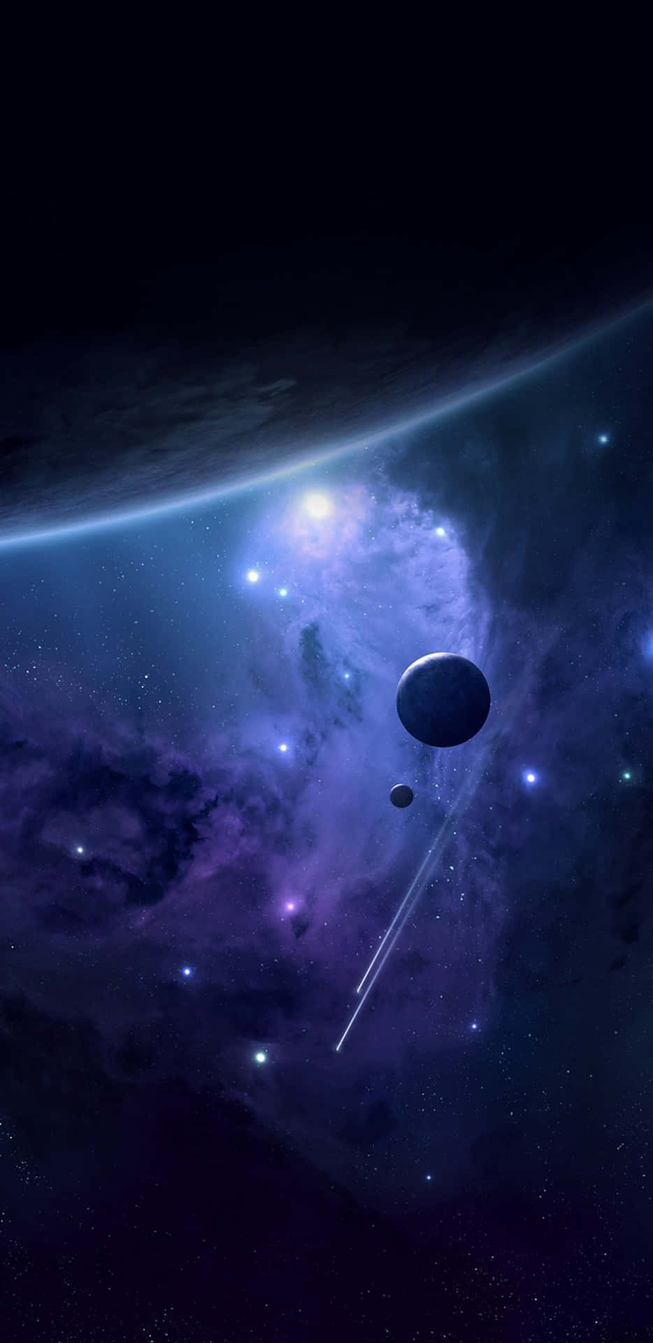 一個充滿活力的宇宙場景，在色彩繽紛的星雲中有行星和流星。