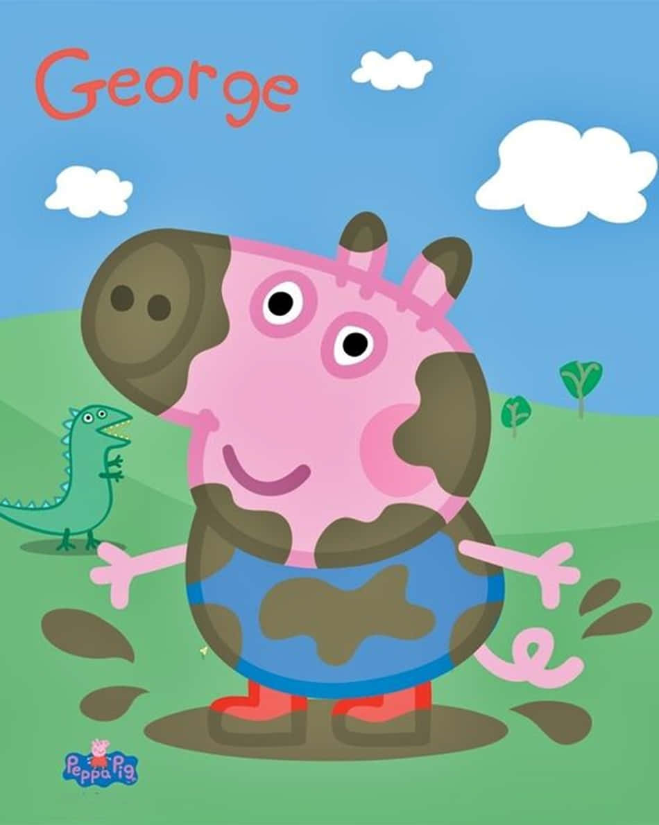 George Pig 桌布 壁紙 — 滿身泥濘嘅豬佐治喺草地上開心咁笑，旁邊有個綠色恐龍玩具。