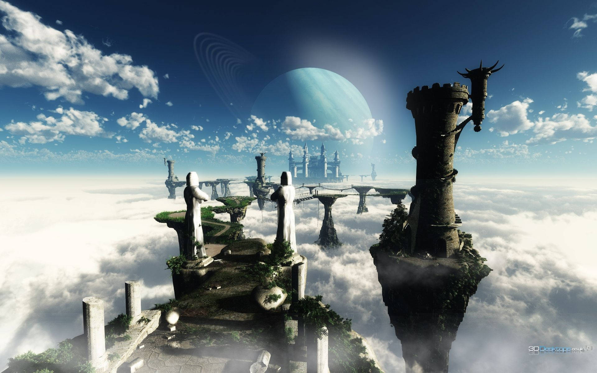 Sci Fi Landscape 桌布 壁紙 — 漂浮城堡廢墟和雕像在藍色行星和環狀衛星下升起於無盡雲層之上。
