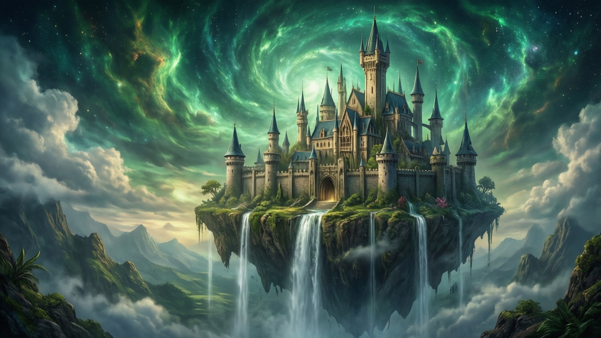 漂浮城堡綠色星雲 壁紙