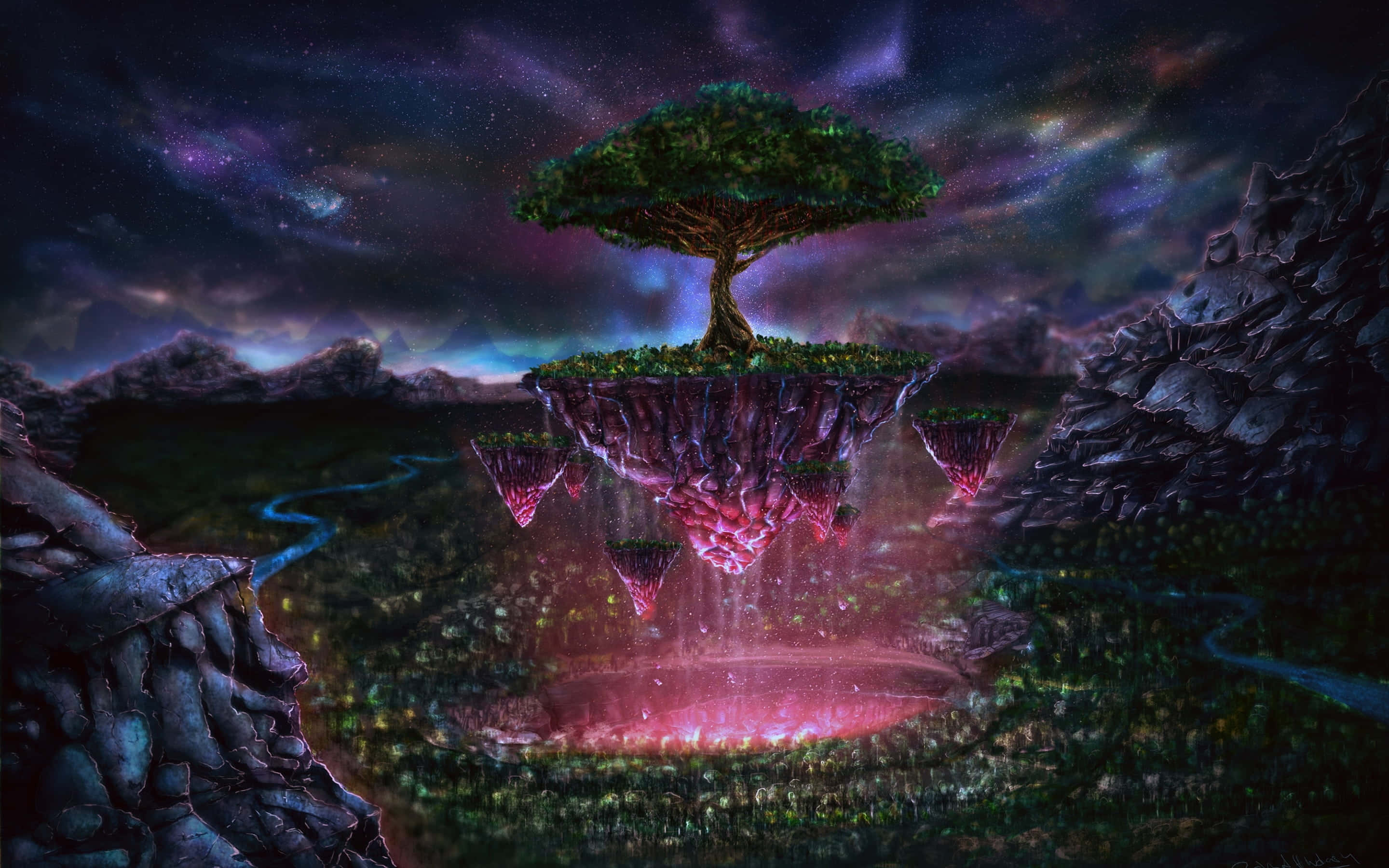 漂浮島嶼的奇幻世界 壁紙 — 一棵孤獨的樹生長在一個漂浮的島嶼上，懸浮在星光燦爛的紫色天空中，下方是一個發光的粉紅色洞穴。