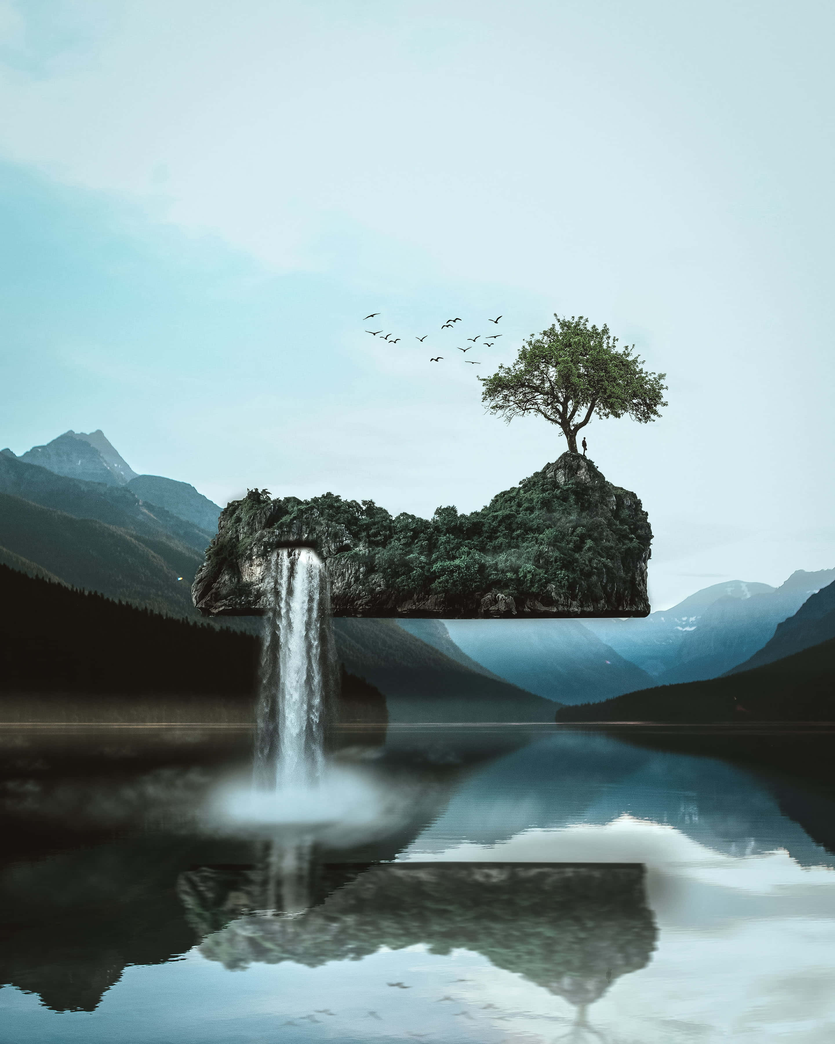 漂浮島的夢幻景觀 壁紙 — 一棵孤獨的樹矗立在浮島上，瀑布傾瀉而下，流入被群山環繞的鏡面湖。