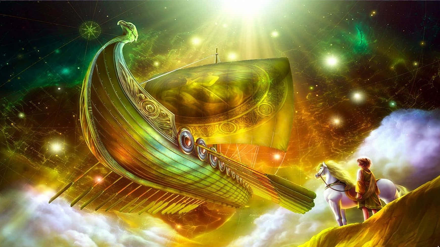漂浮巨船宇宙背景 壁紙 — 一艘金色華麗的船隻在充滿活力的宇宙星雲中航行，一位騎著白馬的騎士從懸崖邊觀望。