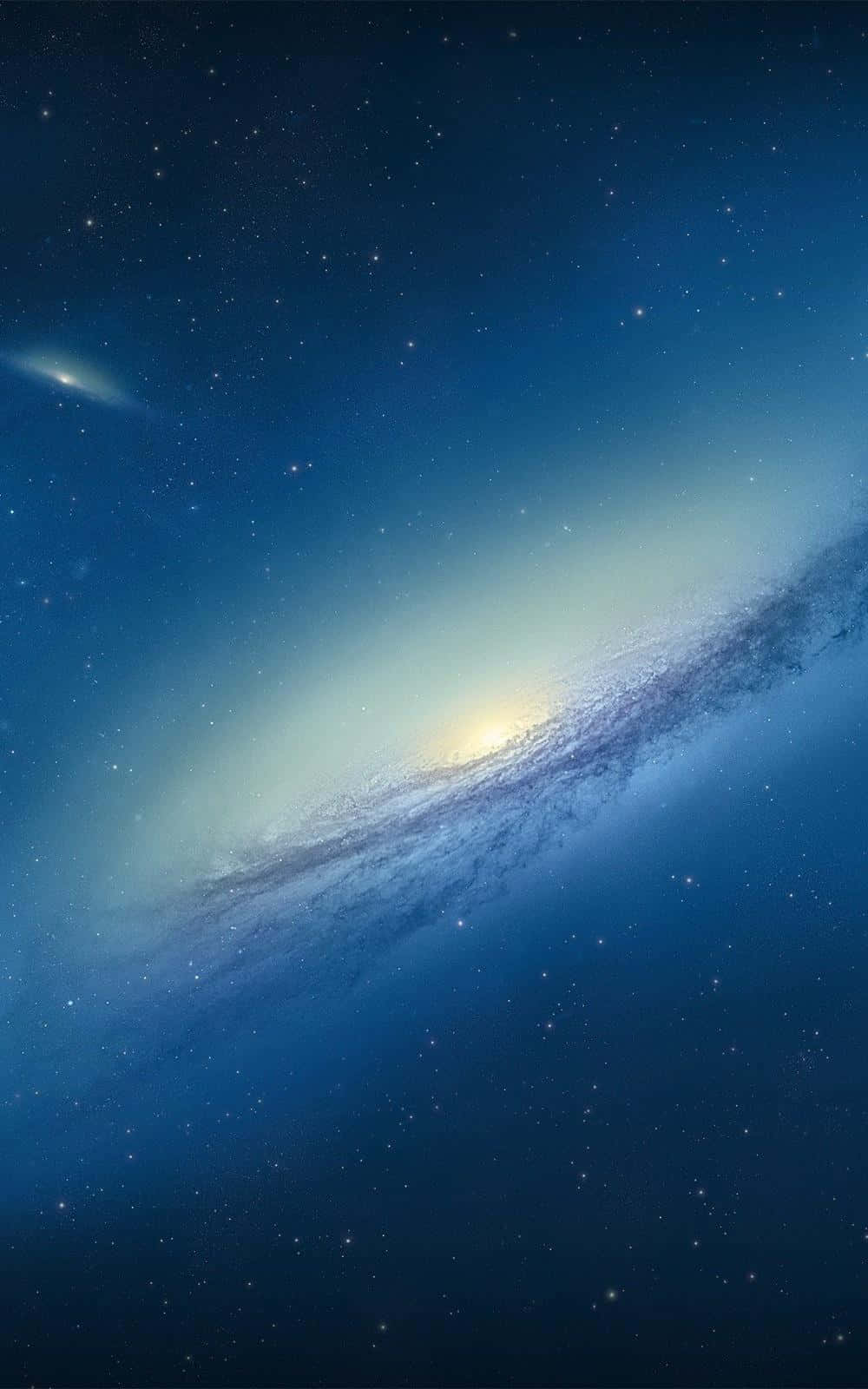 一個帶有藍色旋臂和明亮核心的螺旋星系，周圍環繞著恆星。