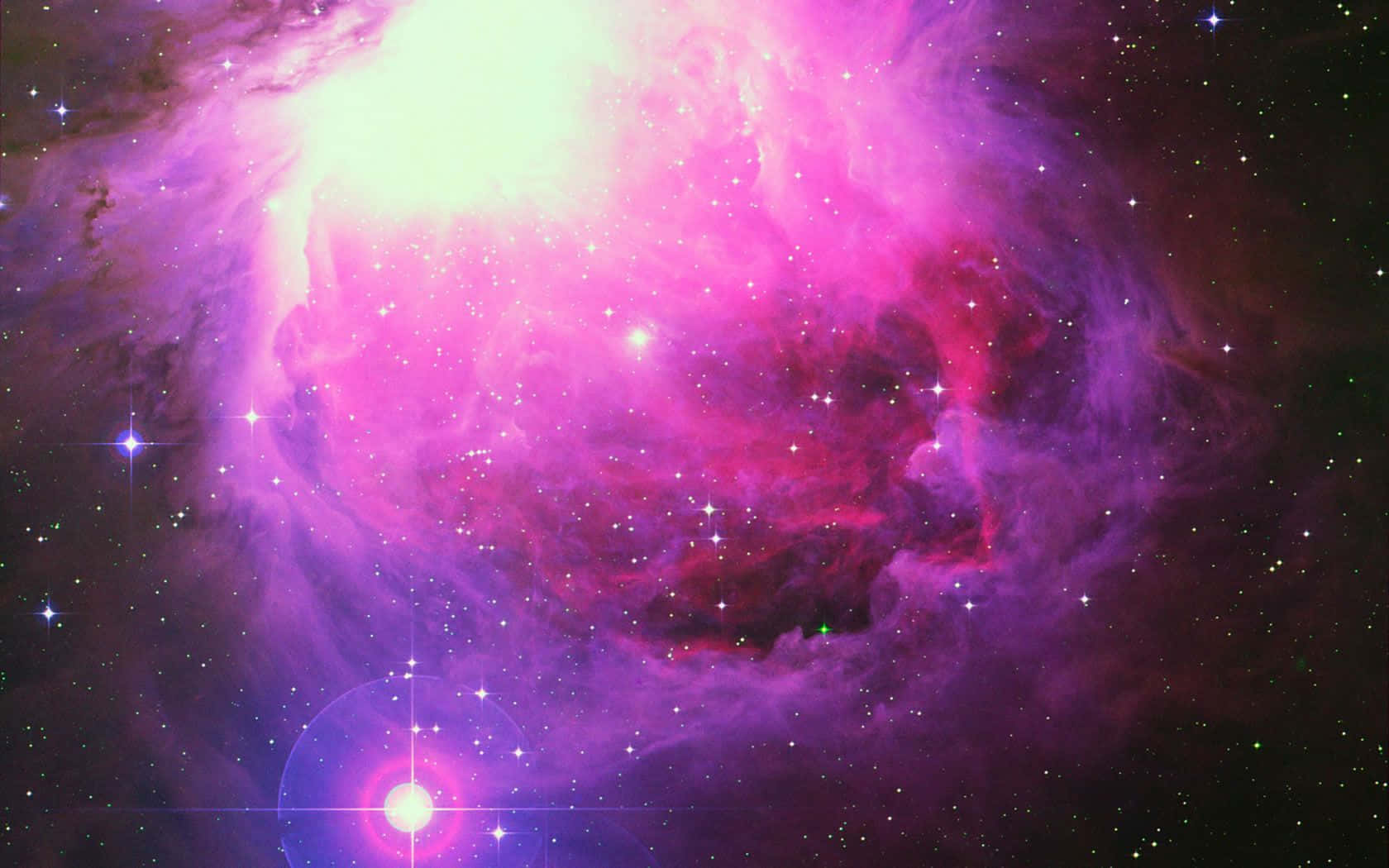 在深空中帶有發光星星的鮮豔粉紅色和紫色星雲。