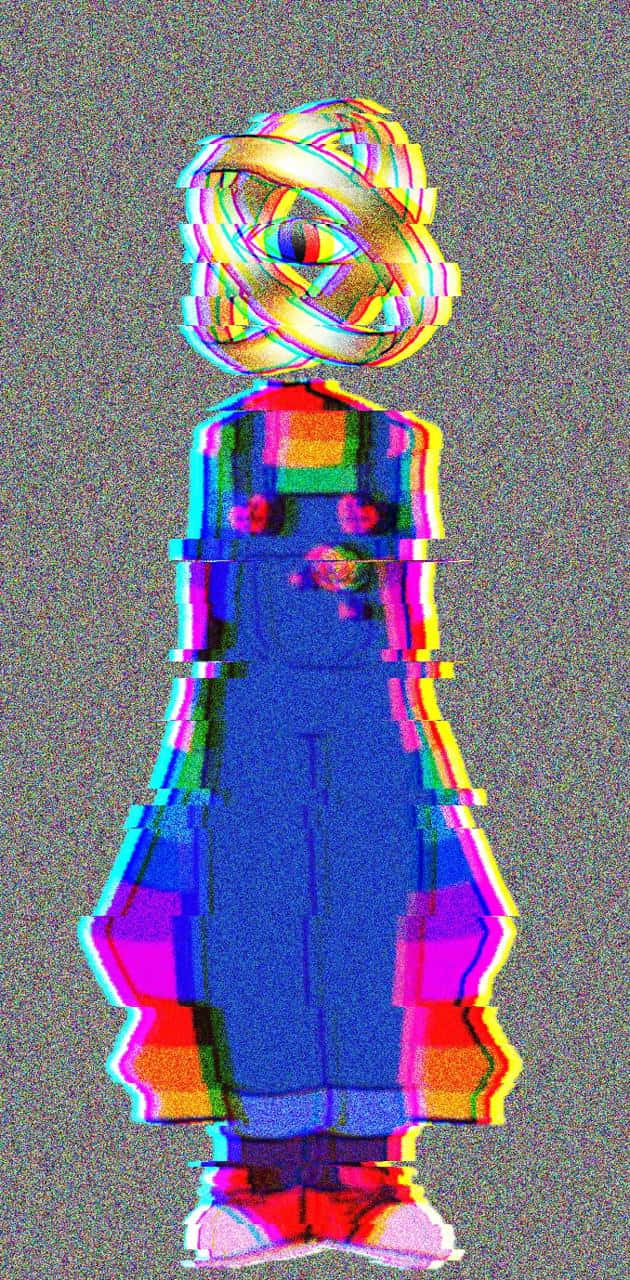 穿著工裝褲的故障藝術人物，頭部和眼睛呈現彩虹扭曲