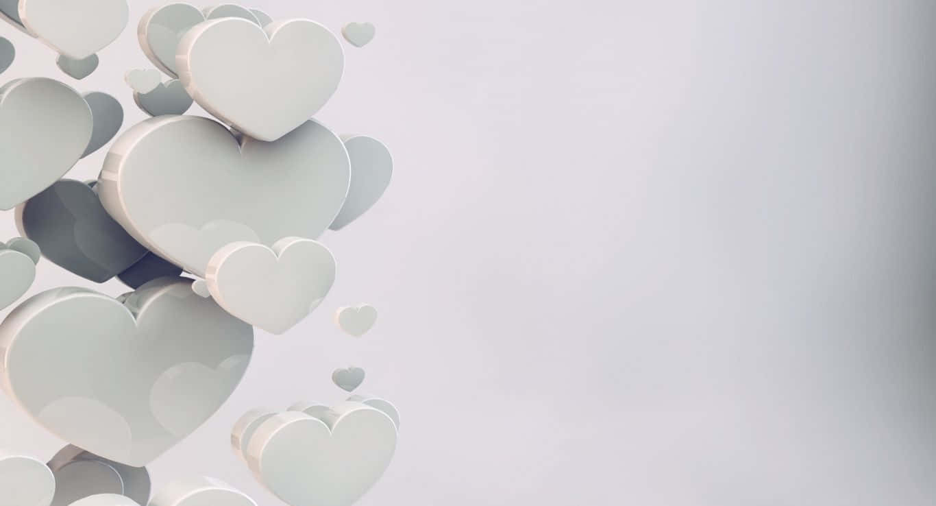 White Heart 桌布 壁紙 — 漂浮的光澤白色心形在極簡淺灰色背景上柔和地飄動。