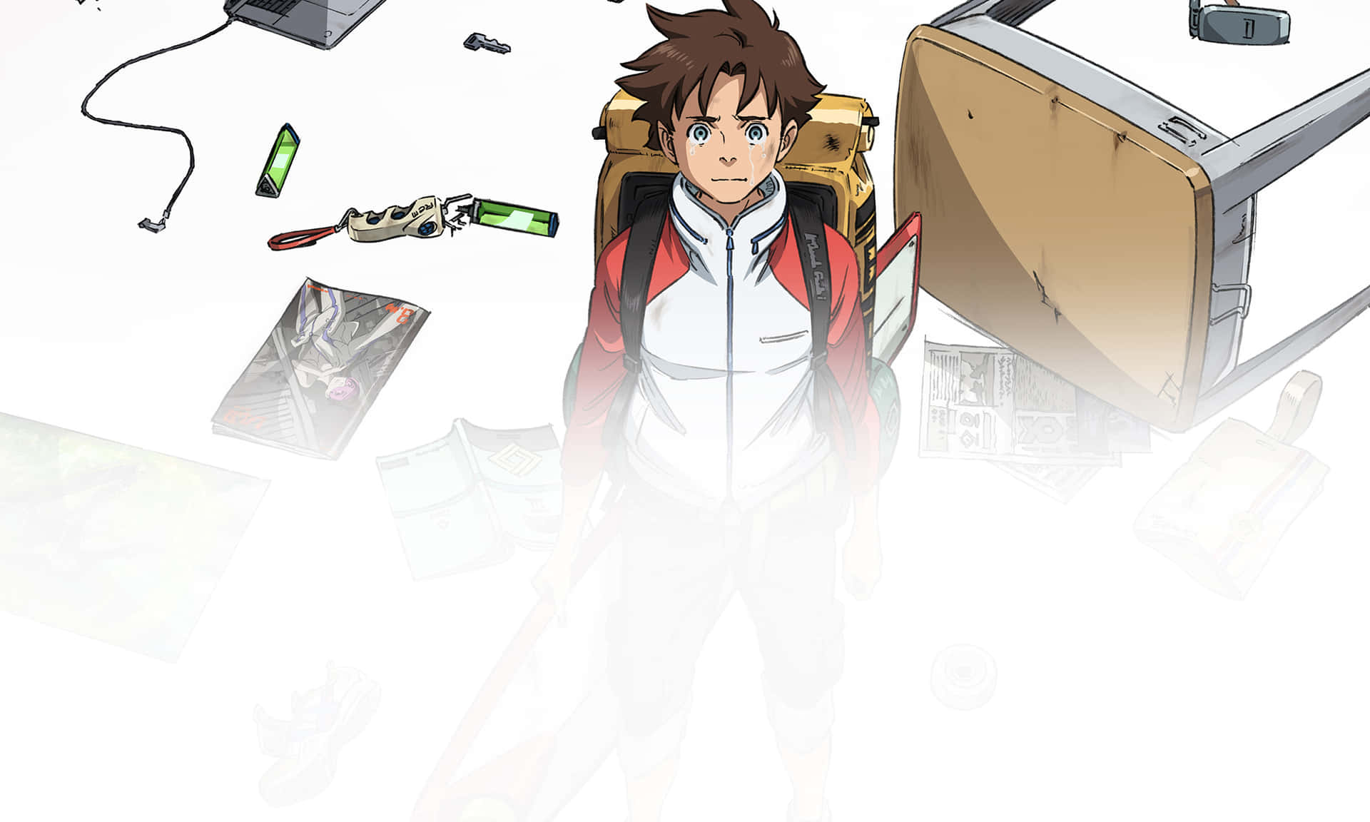白色背景上被漂浮科技物品包圍的紅外套動漫男孩
