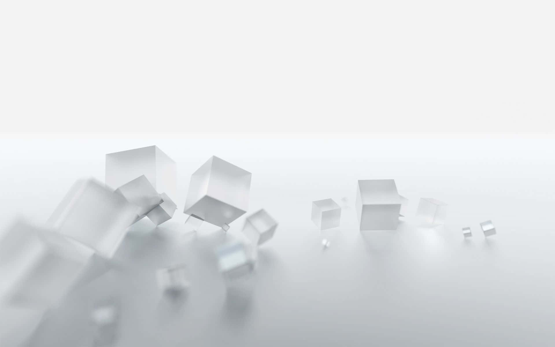 White Abstract 桌布 壁紙 — 漂浮的半透明白色立方體在極簡漸變背景上飄移，帶有柔和陰影。