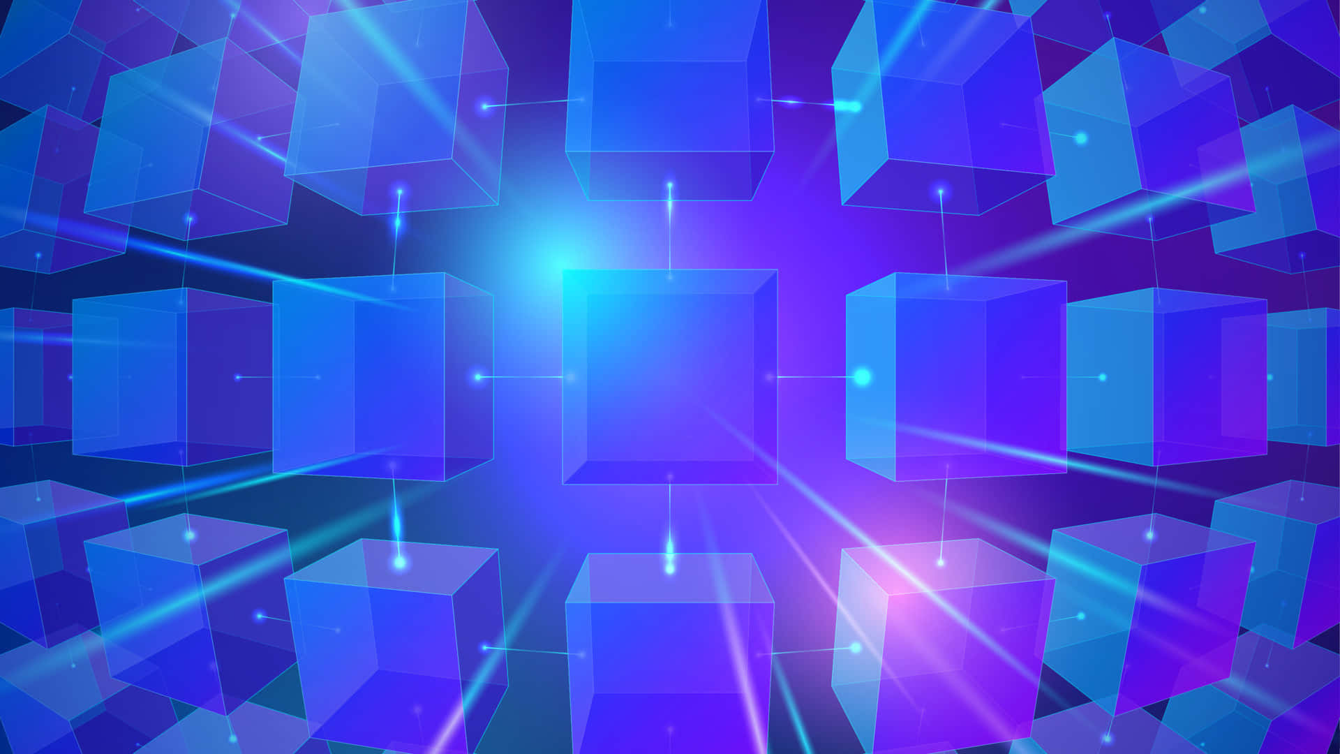 3d Technology 桌布 壁紙 — 漂浮的半透明藍色立方體散發出發光的光束，背景是充滿活力的紫色和藍色數位背景。