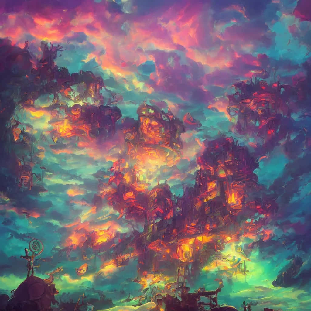 Trippy Sky 桌布 壁紙 — 漂浮的廢墟在洋紅色、藍綠色和橙色雲朵的超現實天空下，散發著熾熱的光芒。