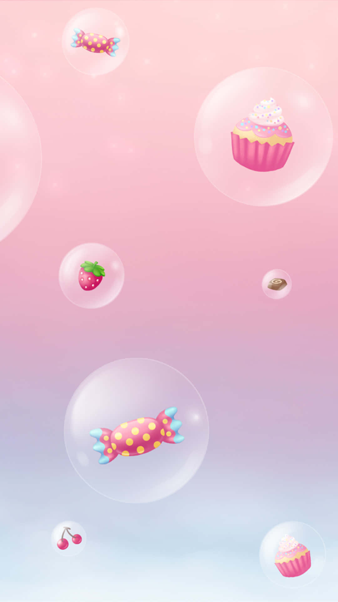 Cute Cupcake 桌布 壁紙 — 漂浮的氣泡內有糖果杯子蛋糕、草莓和櫻桃，在柔和的粉紅到藍色漸變天空中飄蕩。