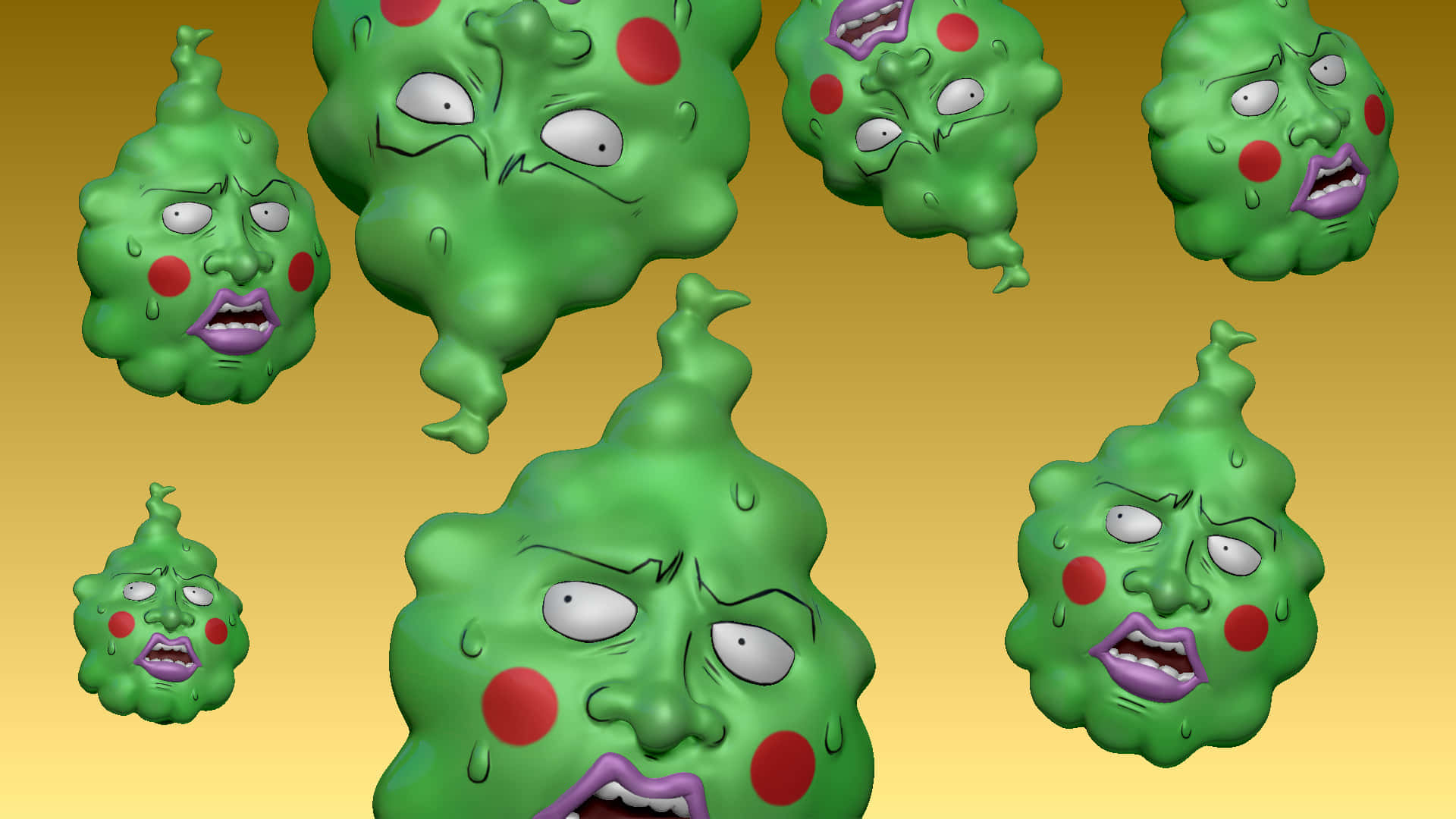 Mob Psycho 100 Ekubo 桌布 壁紙 — 漂浮的綠色團塊生物，帶有憤怒的表情和紅色臉頰，背景為金色漸變。