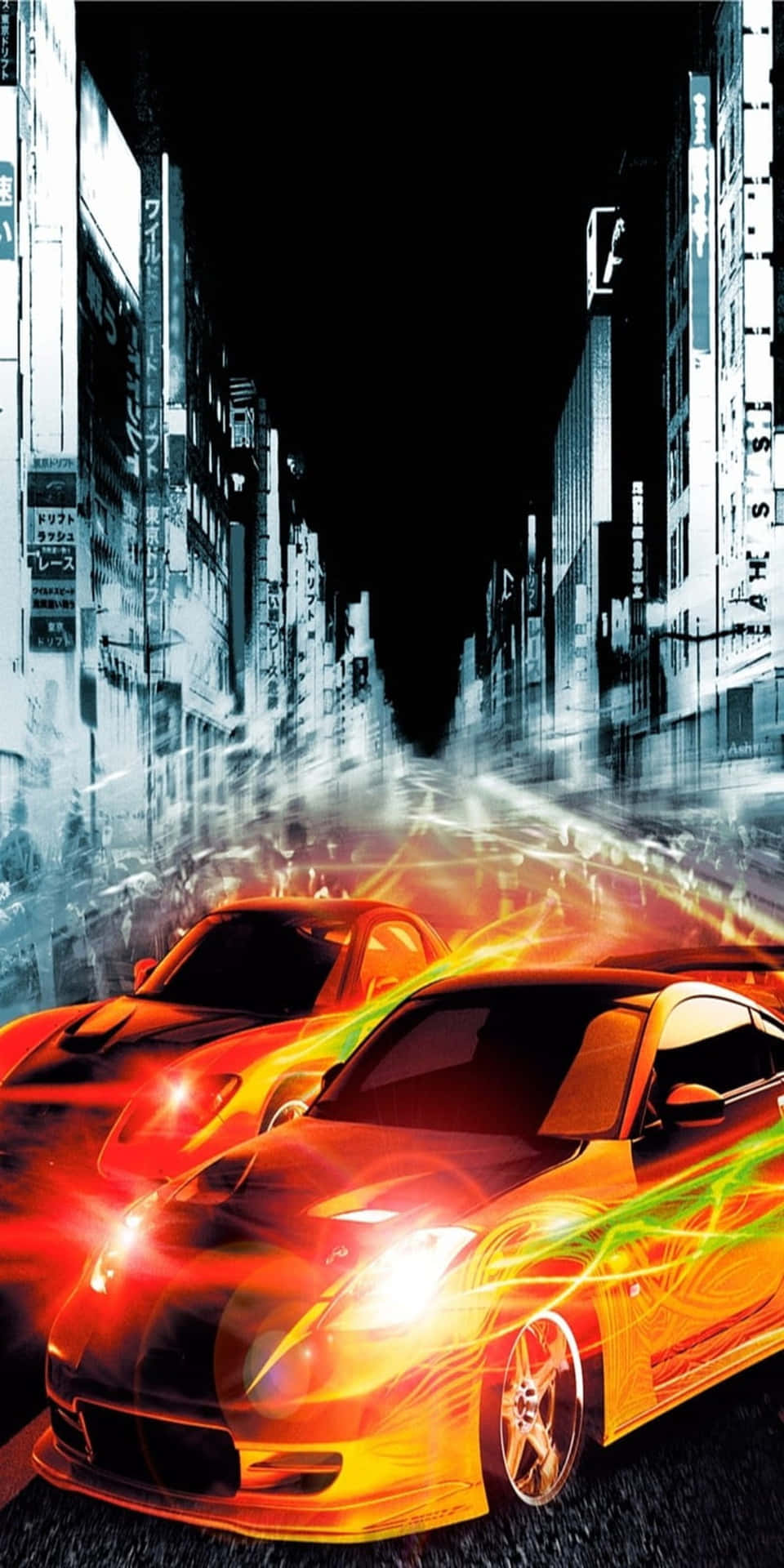 兩輛發光的跑車在夜間穿過霓虹燈照亮嘅城市街道。