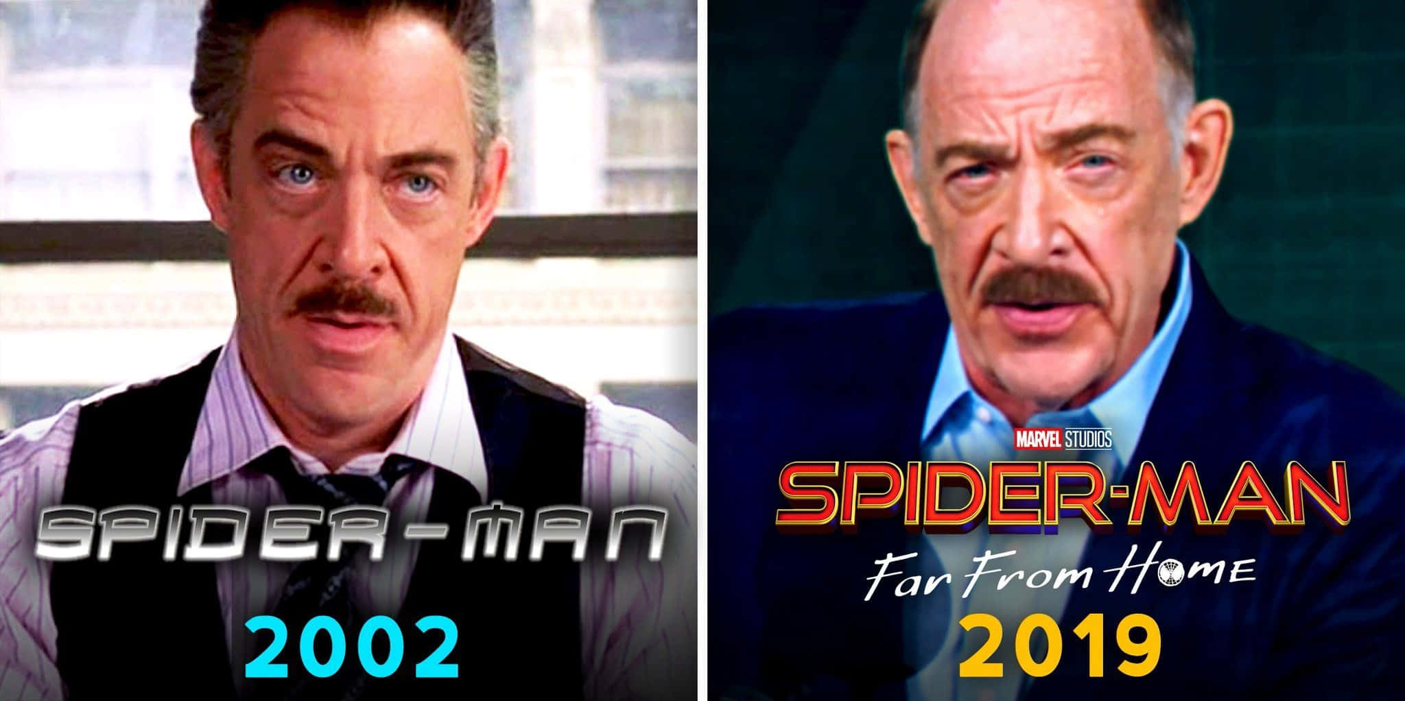 J Jonah Jameson 桌布 壁紙 — 演員 J. K. 西蒙斯在兩部蜘蛛俠電影中飾演 J. 約翰·詹姆森的並排比較，附有年份標籤。