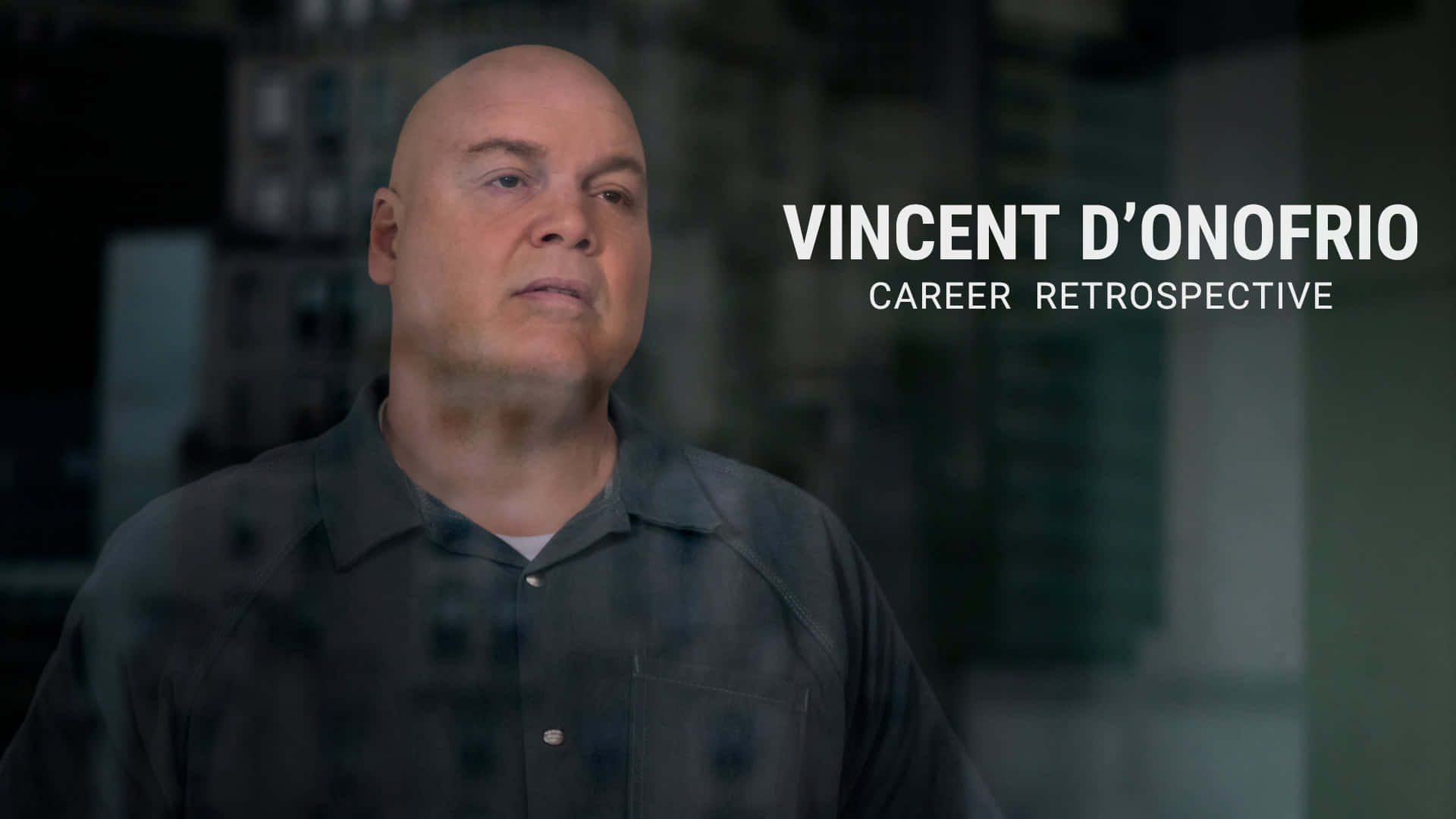Vincent D'onofrio 桌布 壁紙 — 演員Vincent D'Onofrio在昏暗的房間裏若有所思地凝視着，身後是模糊的架子。