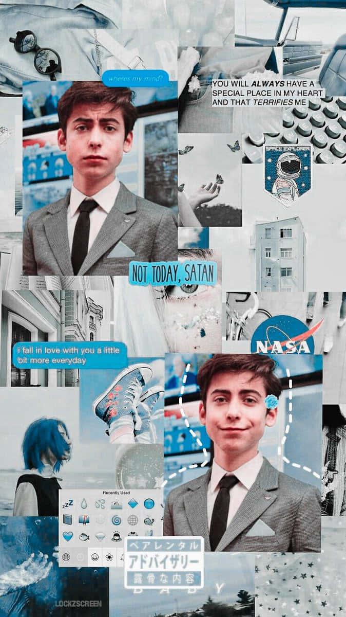 一位穿著西裝的年輕男子與 NASA 標誌和蝴蝶圖像的拼貼。